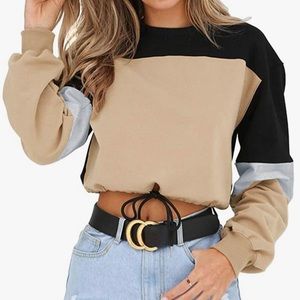 Crops Sweatshirt Long Sleeve Drawstring Hem Color Block Crop Top Pullover Top